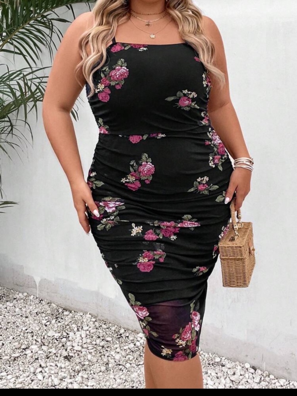 Black Floral Ruched Mesh Dress 🌺